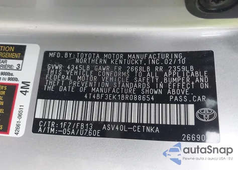 2011 Toyota Camry Le из США, поврежденный, VIN 4T4BF3EK1BR088654